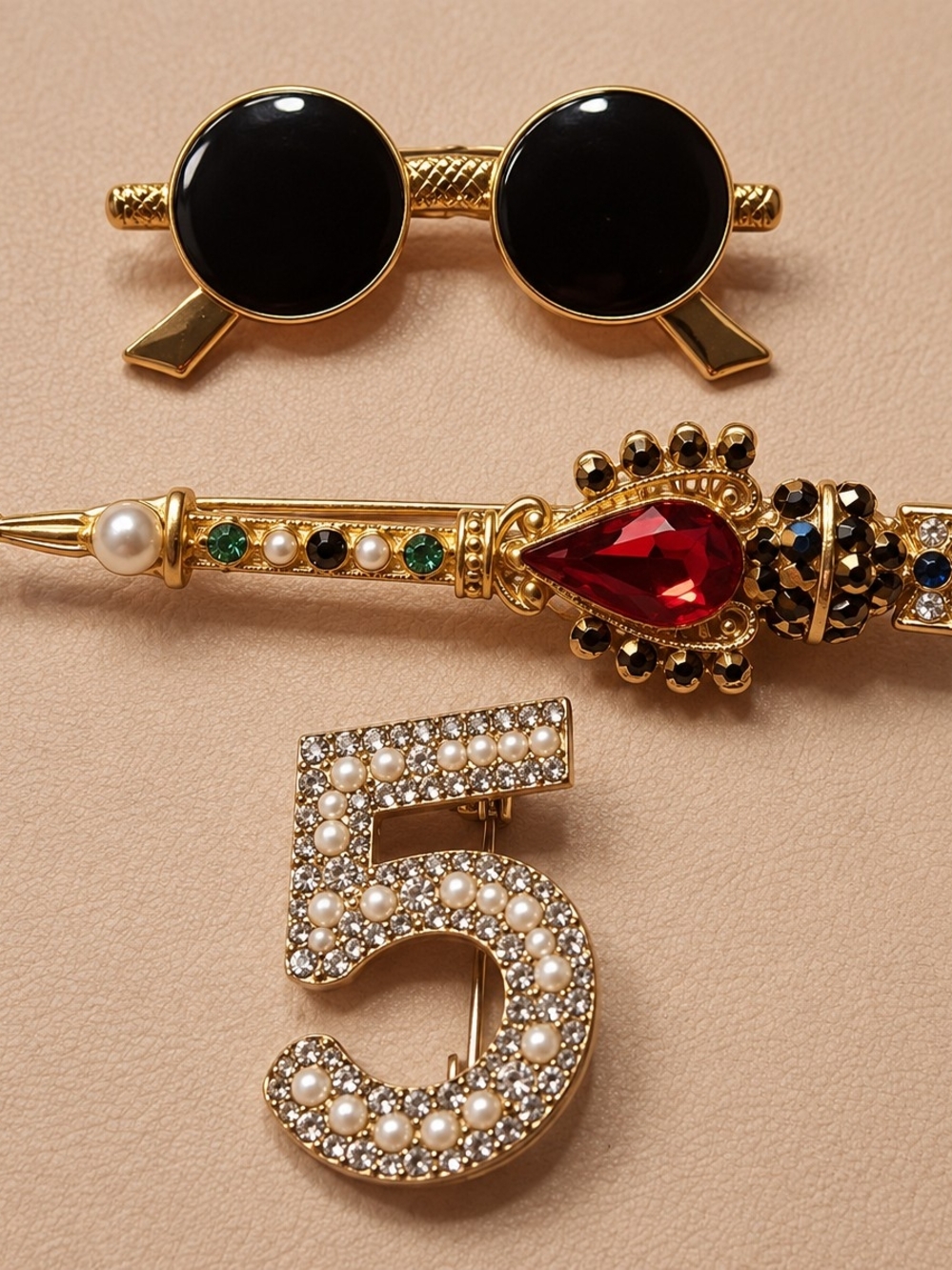 Gold Number 5 Pearl & Crystal Brooch with Gem Accents